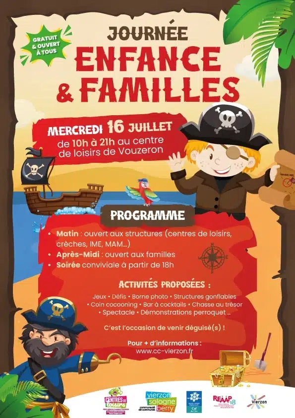 Affiche de la journée Enfance & Famille du mercredi 16 juillet à Vouzeron sur le thème des pirates.