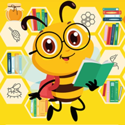 Abeille qui lit dans une bibliothèque
